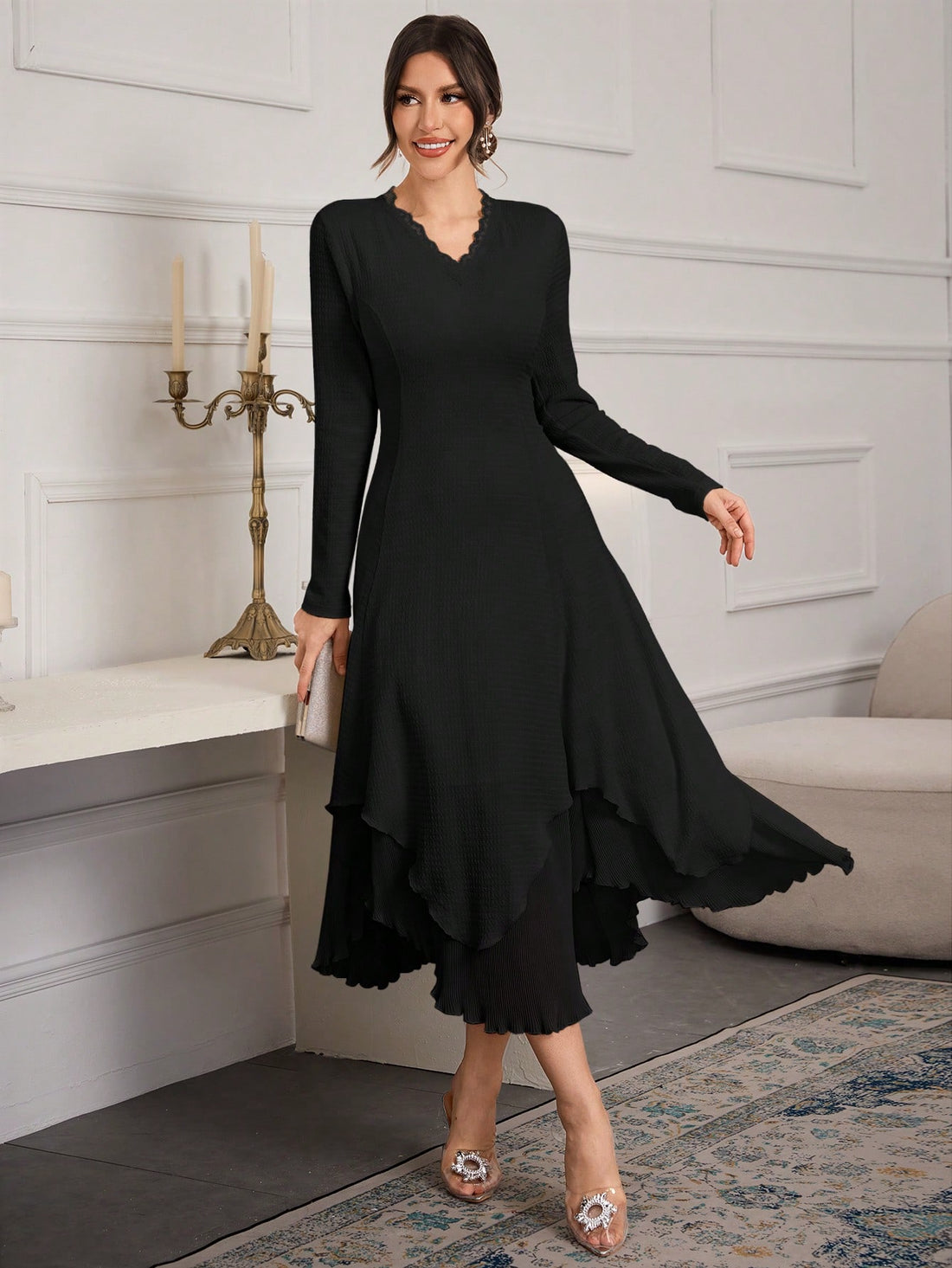 Elevate your autumn wardrobe with this playfully chic asymmetric hem dress! The cream and beige palette offers versatile styling options, while the mid-length cut and long sleeves strike the perfect balance between comfort and sophistication. Swish and twirl with the eye-catching asymmetric hem that adds a dash of fun to your elegant look. Perfect for those who don't take fashion too seriously but always look seriously fabulous!