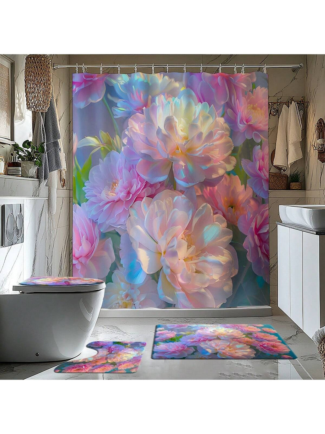 Bring a burst of cheerful color to your bathroom with this playful Peony Flower Print Set. Featuring a vibrant shower curtain, cozy bath mat, and matching toilet lid cover, it’s the perfect trio to brighten your space and add a touch of floral fun. Easy to mix and match with your existing decor, this set turns everyday routines into a joyful experience.