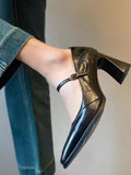 Heel view of Elegant Burgundy Square Toe High Heel Pumps for Women - Chic French Style with Thick Heel for punk motorcycle boot styling