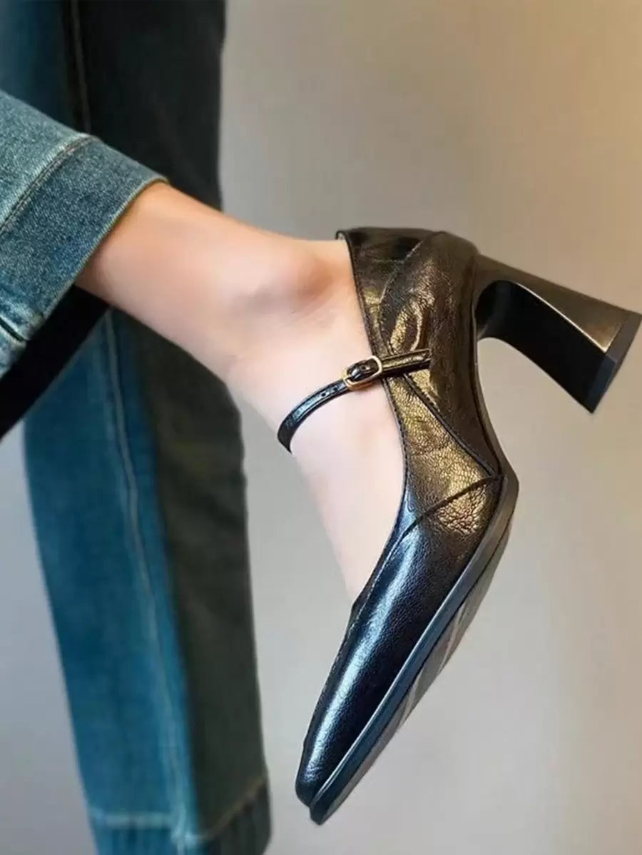 Heel view of Elegant Burgundy Square Toe High Heel Pumps for Women - Chic French Style with Thick Heel for punk motorcycle boot styling