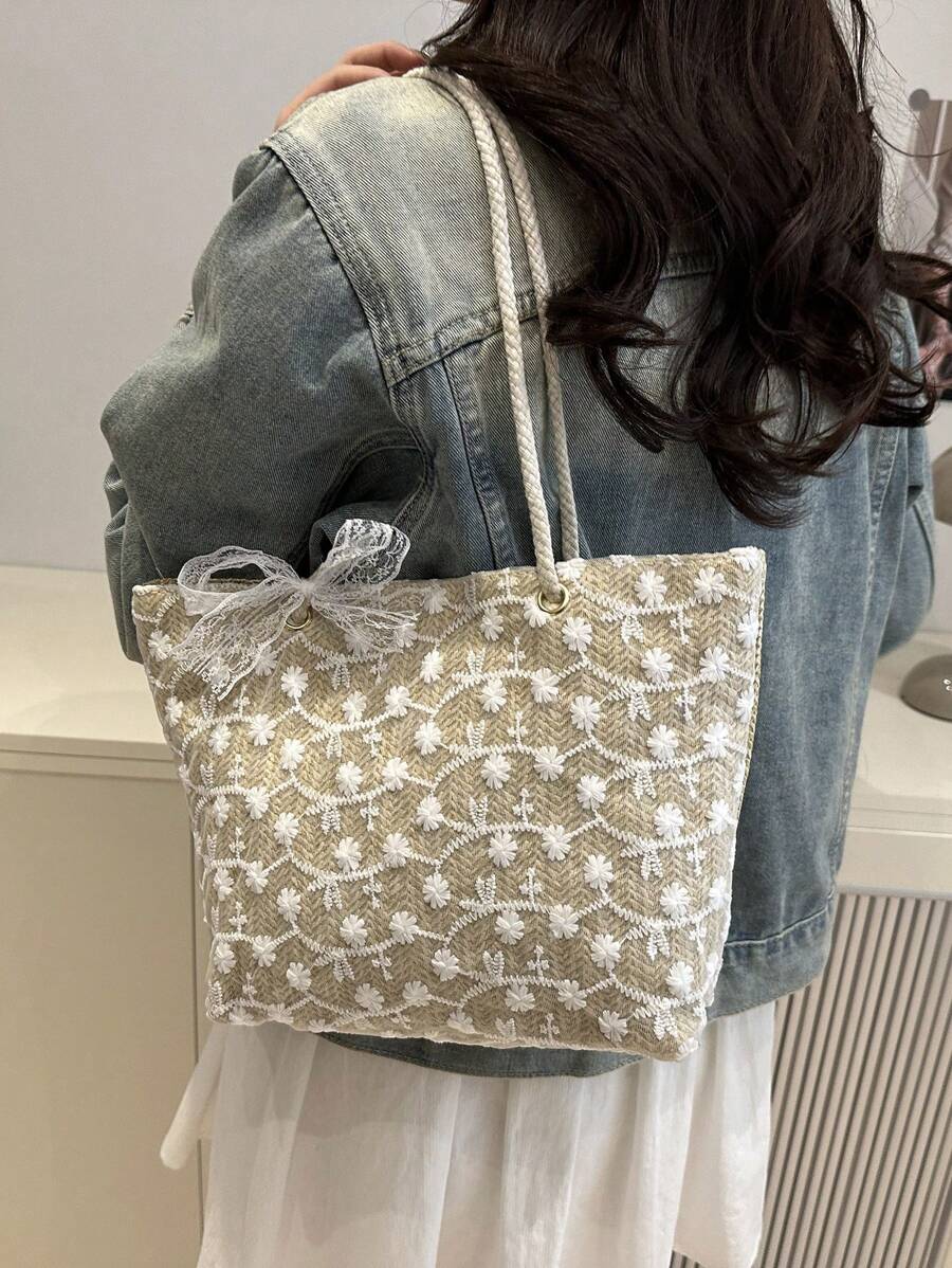 Image 8 - color option of Chic Summer Casual Woven Rope Knot Floral Tote Bag - Your Essential Beach Companion