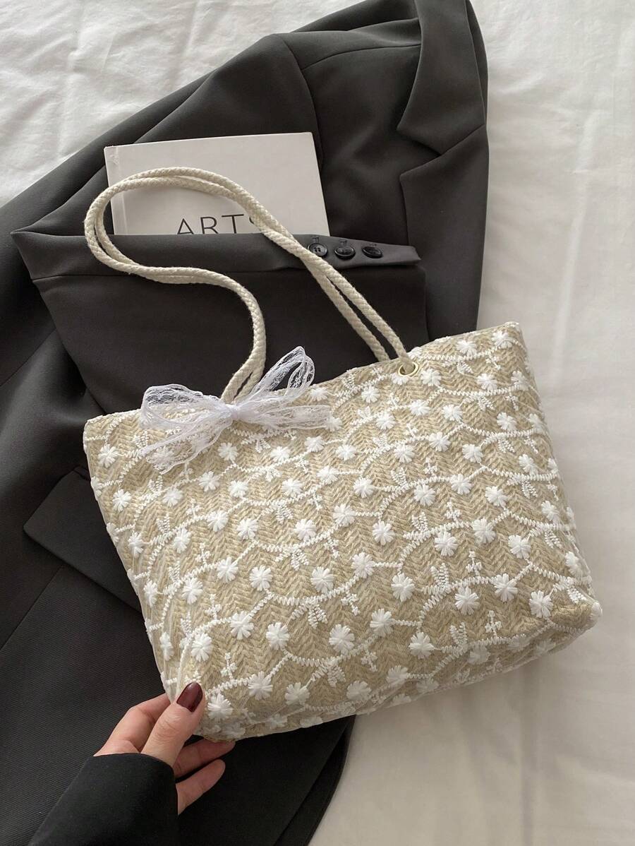 Image 6 - closure detail of Chic Summer Casual Woven Rope Knot Floral Tote Bag - Your Essential Beach Companion