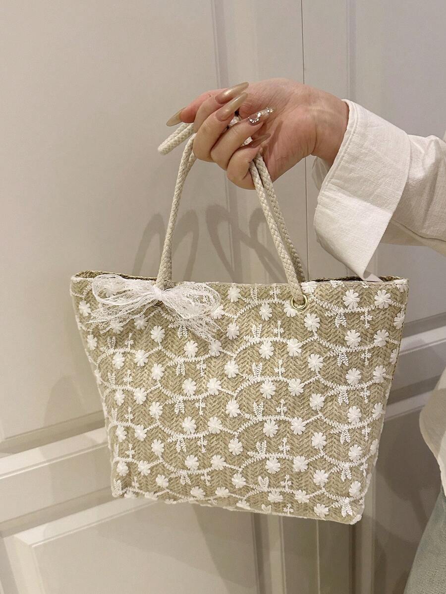 Image 7 - material detail of Chic Summer Casual Woven Rope Knot Floral Tote Bag - Your Essential Beach Companion