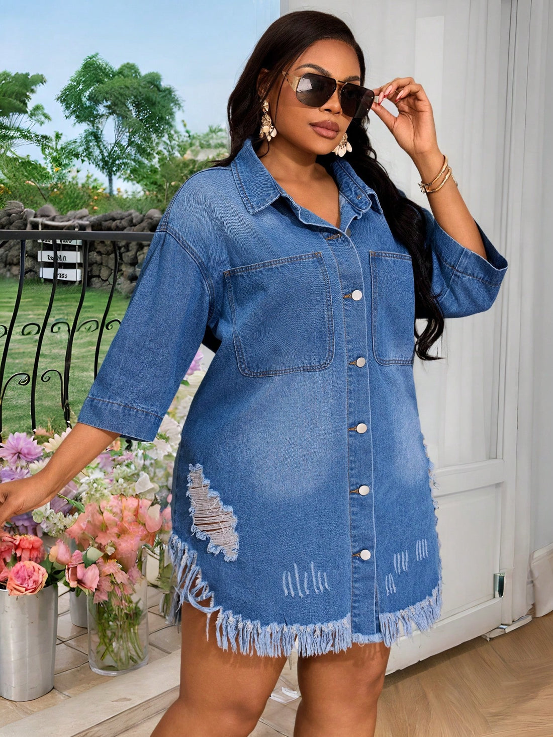 Unleash your inner fashionista with this plus size blue denim frayed hem sundress - perfect for any summer vacation! Stay cool and stylish as you soak up the sun in this casual yet trendy piece. Get ready to turn heads and make a statement in this must-have dress.
