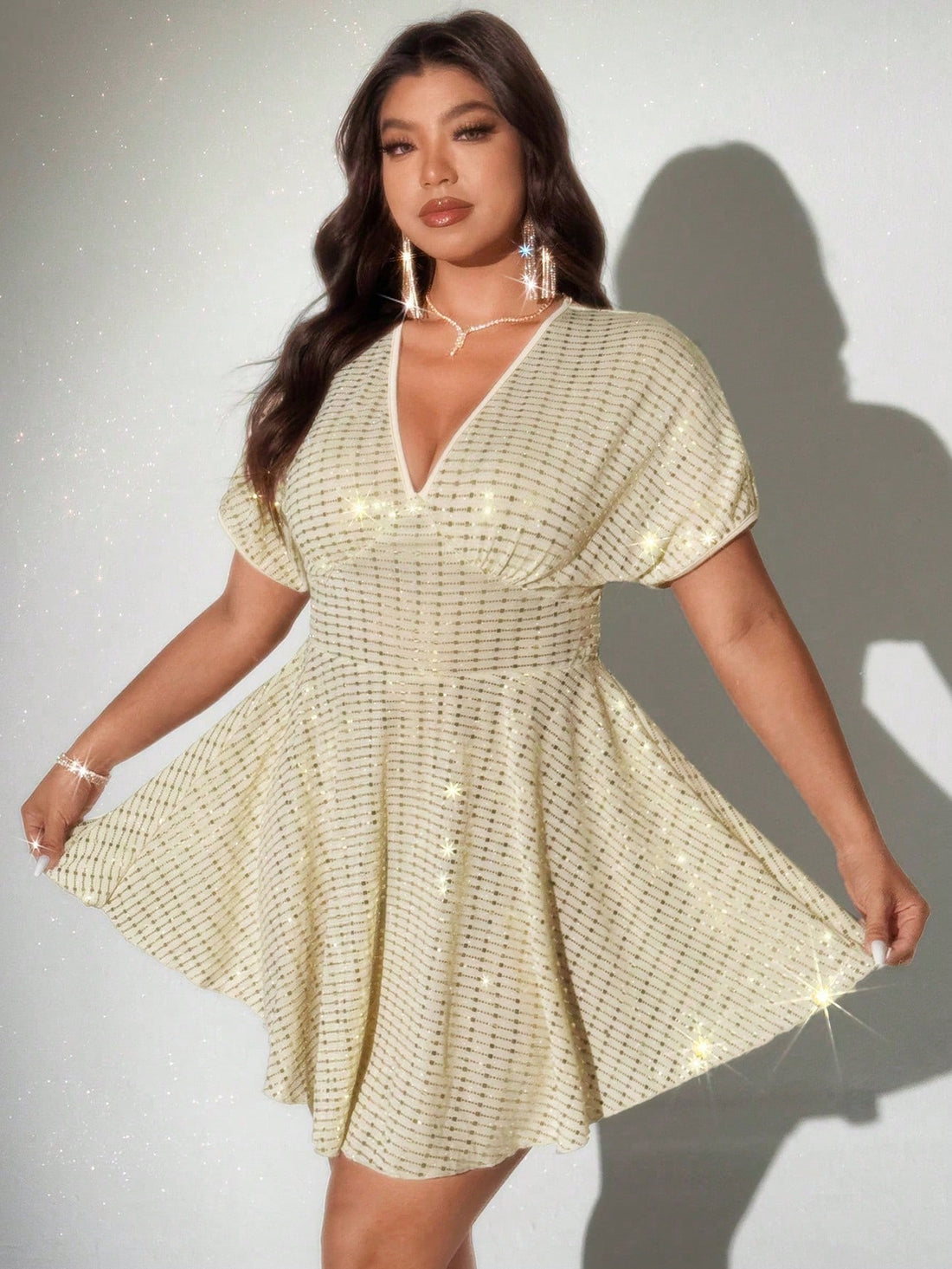 Step into the spotlight with this Elegant Plus Size Deep V-Neck Sequin Flared Graduation Dress. Sparkling sequins catch every eye, while the flared skirt adds a fun, twirling flair to your celebration. Designed to flatter your curves, the deep V-neck brings a touch of daring elegance perfect for your big day. Celebrate in style and confidence with a dress that’s as unforgettable as your achievement!