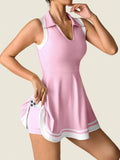 white yellow polo pleated golf tennis mini dress with liner shorts, pockets, racerback and contrast trim image 7