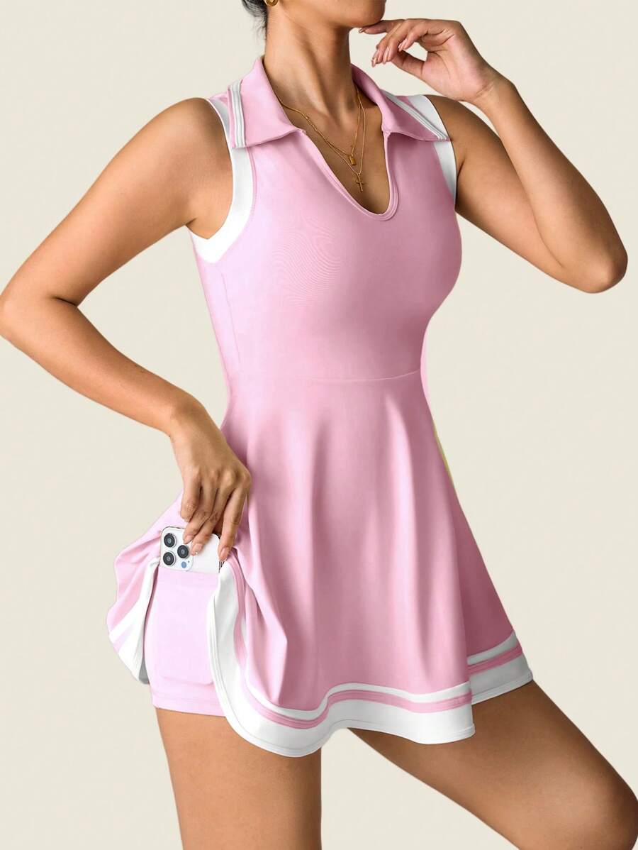 white yellow polo pleated golf tennis mini dress with liner shorts, pockets, racerback and contrast trim image 7