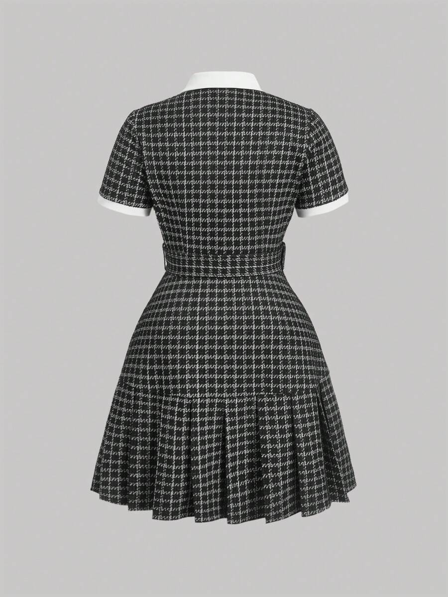Front view of black check polo collar belted pleated shirt dress