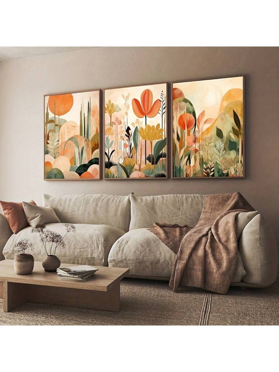Add a touch of chic simplicity to your space with this set of three frameless beige geometric canvas posters. Their modern minimalist design brings abstract art to life, effortlessly elevating your home decor with subtle style and playful shapes. Perfect for creating a calm yet captivating atmosphere in any room.