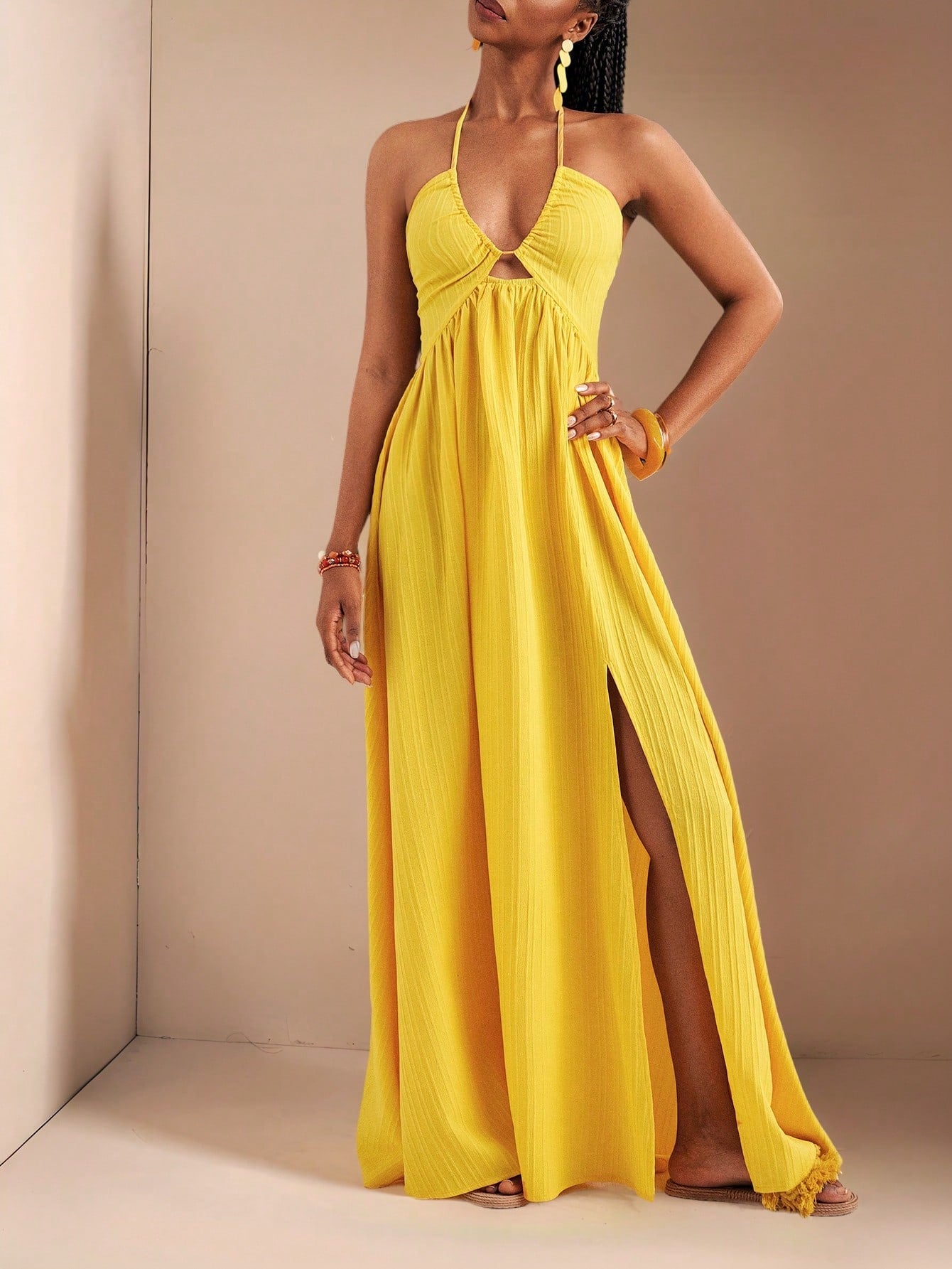 Chic Yellow Sea Stripe Halter Neck Maxi Dress for Effortless
