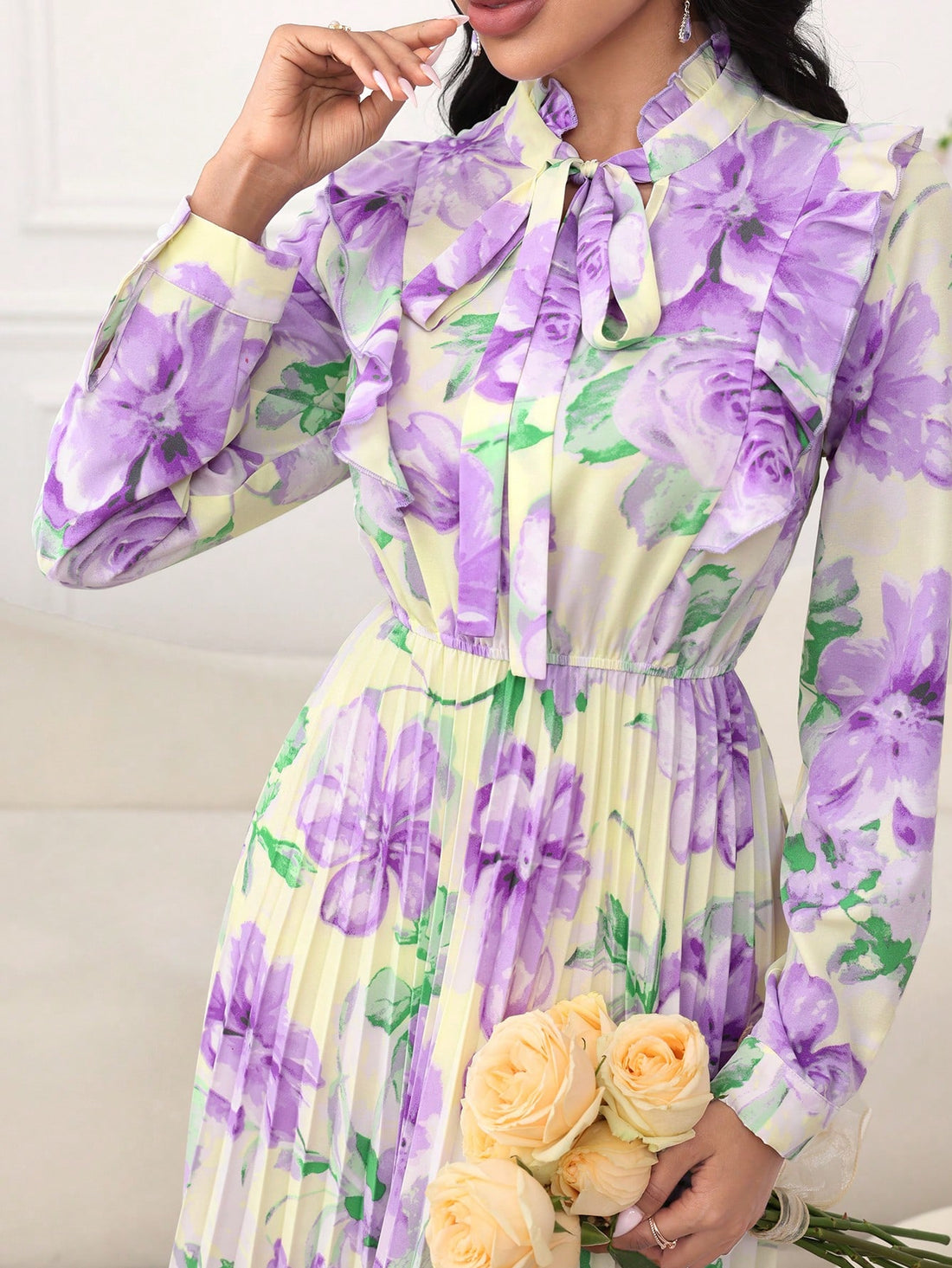 Unleash your timeless style with our Elegant Floral Dress. This v-neck dress features a feminine floral print and long sleeves, perfect for any occasion. Embrace your uniqueness and stand out from the crowd with this must-have piece.