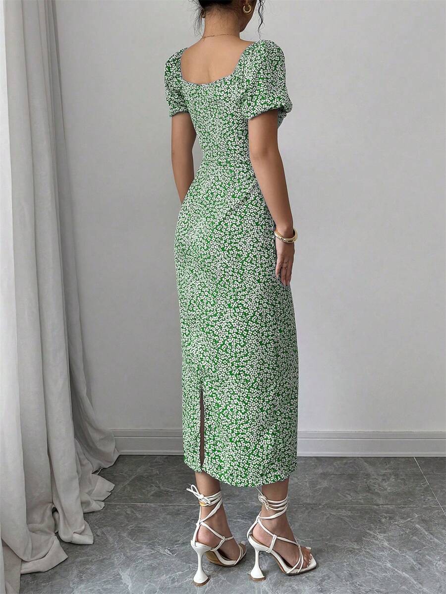 Green floral puff sleeve fitted midi dress front view