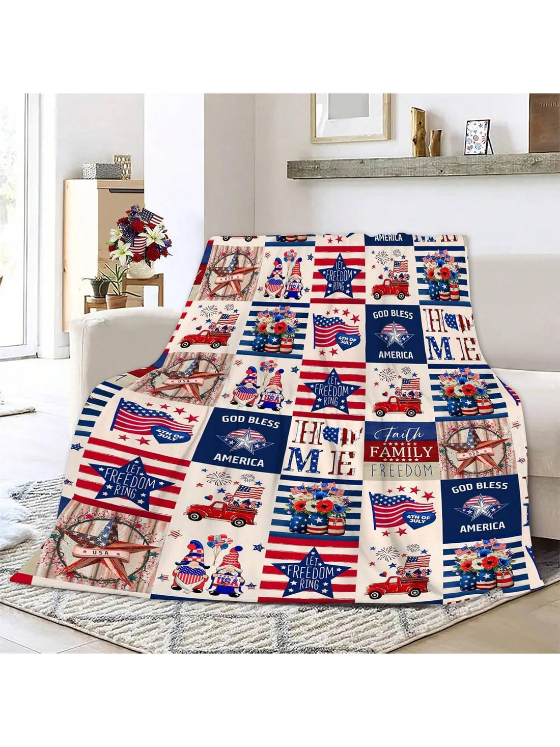 Celebrate Independence Day wrapped in comfort with our Luxury Plush Stars & Gnome Blanket. This soft, cozy throw features charming stars and a whimsical gnome design, perfect for adding a festive touch to your holiday. Snuggle up during fireworks or backyard barbecues and enjoy warmth with a playful flair.