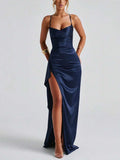 Black satin gown front and back product views showing long skirt and high slit