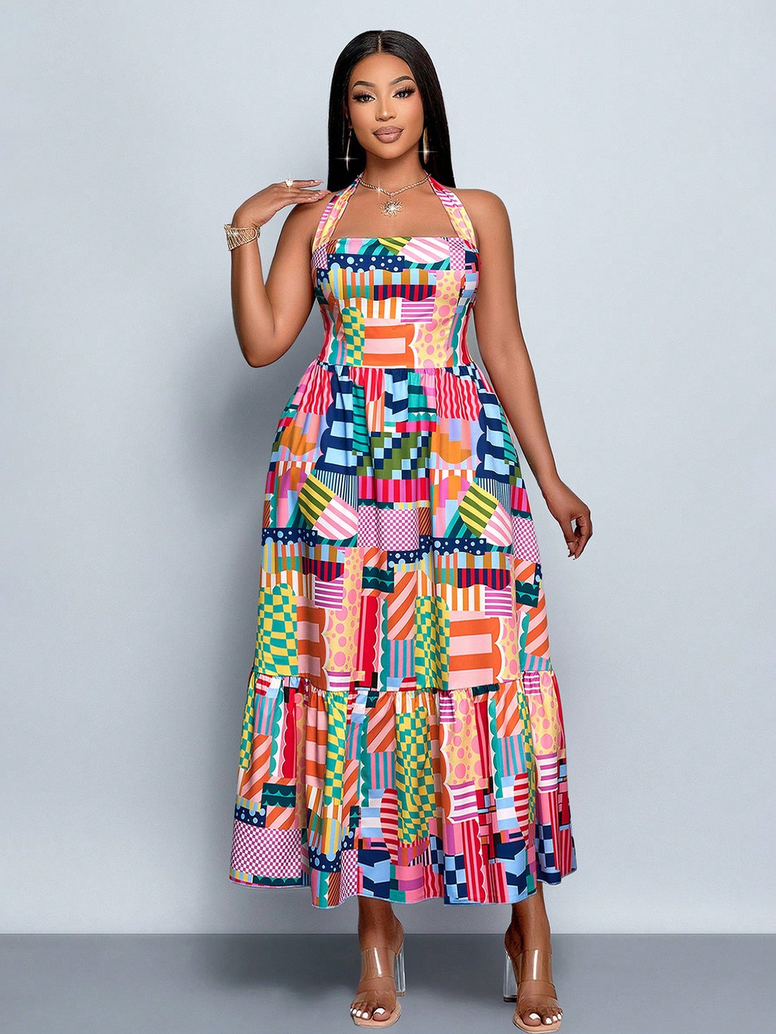 Embrace the season in this fabulous plus-size halter dress that's ready for anything! With its flowy silhouette and flattering neckline, you'll feel confident whether you're lounging by the pool, exploring a new destination, or enjoying a casual day out. The breathable fabric keeps you cool and comfortable in warm weather, while the playful design adds just the right amount of flair to your spring and summer wardrobe. Pack it, wear it, love it—this versatile piece is your new vacation essential!