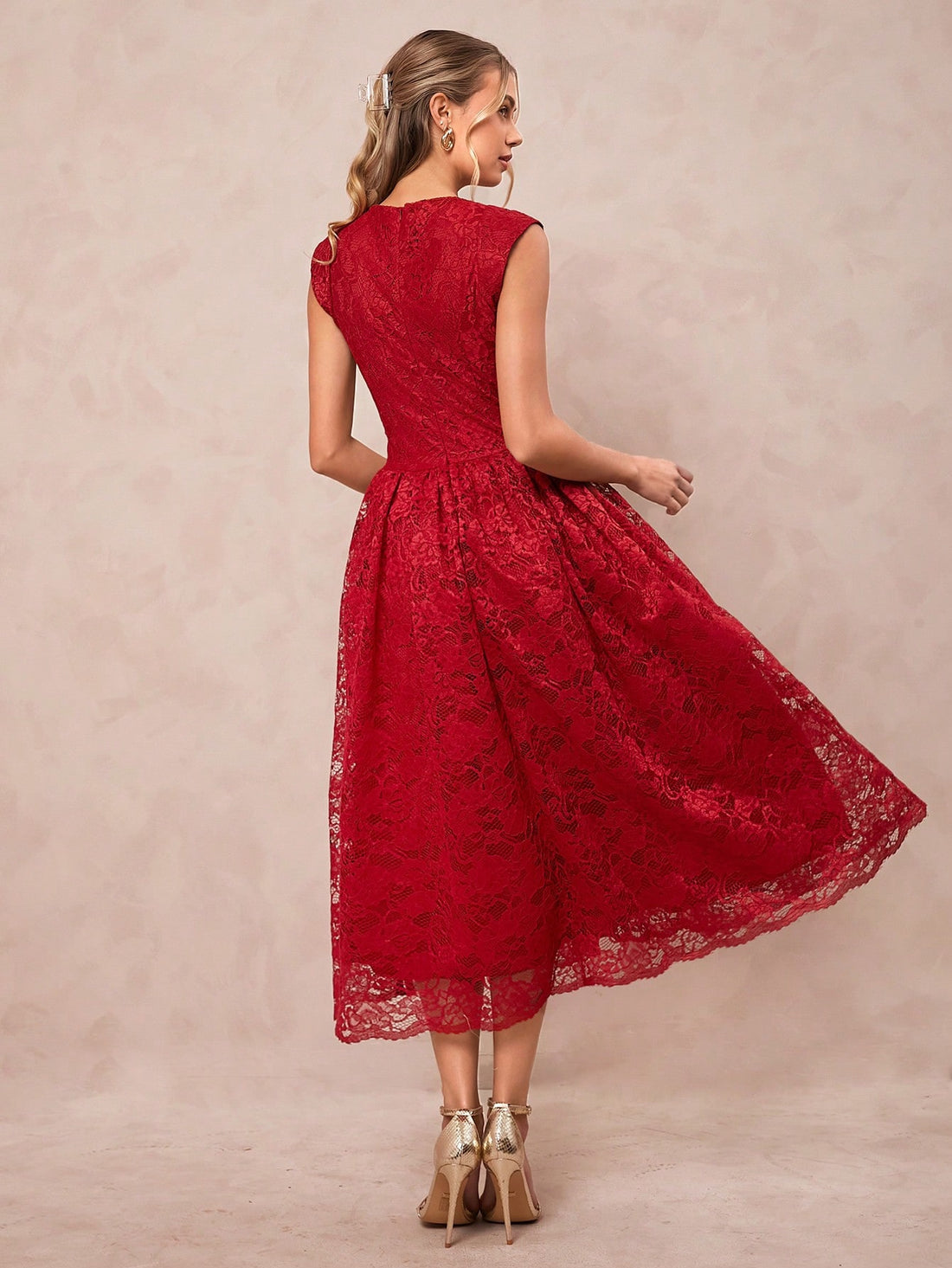 Turn heads with this Elegant Red Lace Pleated A-Line Dress, made to dazzle at weddings and special events. Its delicate lace and flowing pleats add a touch of whimsy and charm, while the flattering A-line silhouette twirls with grace. Feel confident and twirl-ready every time you step out!