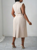 Close-up view of elegant plus size midi dress for spring/summer - khaki double-breasted belted style for work and dates with plus size fit, summer styling for summer casual wear