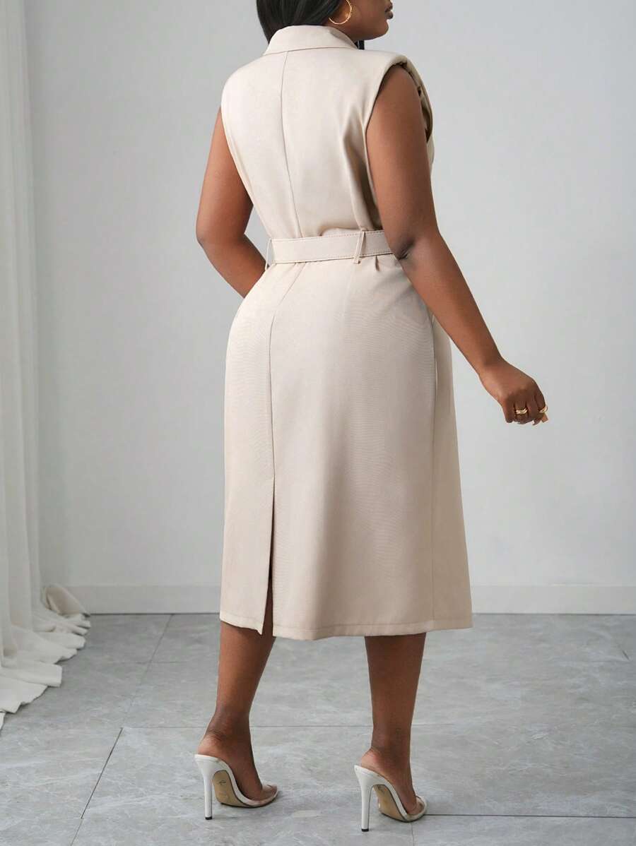 Close-up view of elegant plus size midi dress for spring/summer - khaki double-breasted belted style for work and dates with plus size fit, summer styling for summer casual wear