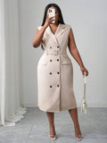 Close-up view of elegant plus size midi dress for spring/summer - khaki double-breasted belted style for work and dates with plus size fit, summer styling for summer casual wear