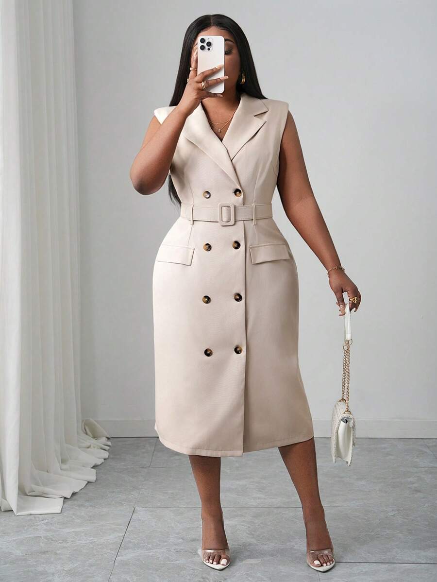 Close-up view of elegant plus size midi dress for spring/summer - khaki double-breasted belted style for work and dates with plus size fit, summer styling for summer casual wear