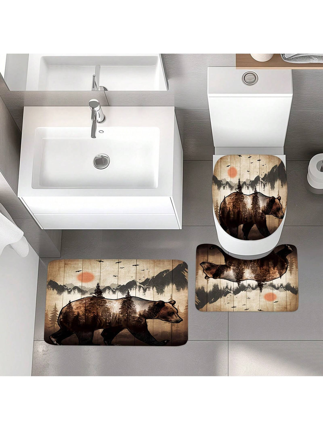 Transform your bathroom into a cozy cabin with our Rustic Bear Curtain Set. This 4-piece set includes a waterproof shower curtain, non-slip mats, and hooks for easy installation. Bring a touch of nature into your daily routine and keep your floors safe with this adorable set.