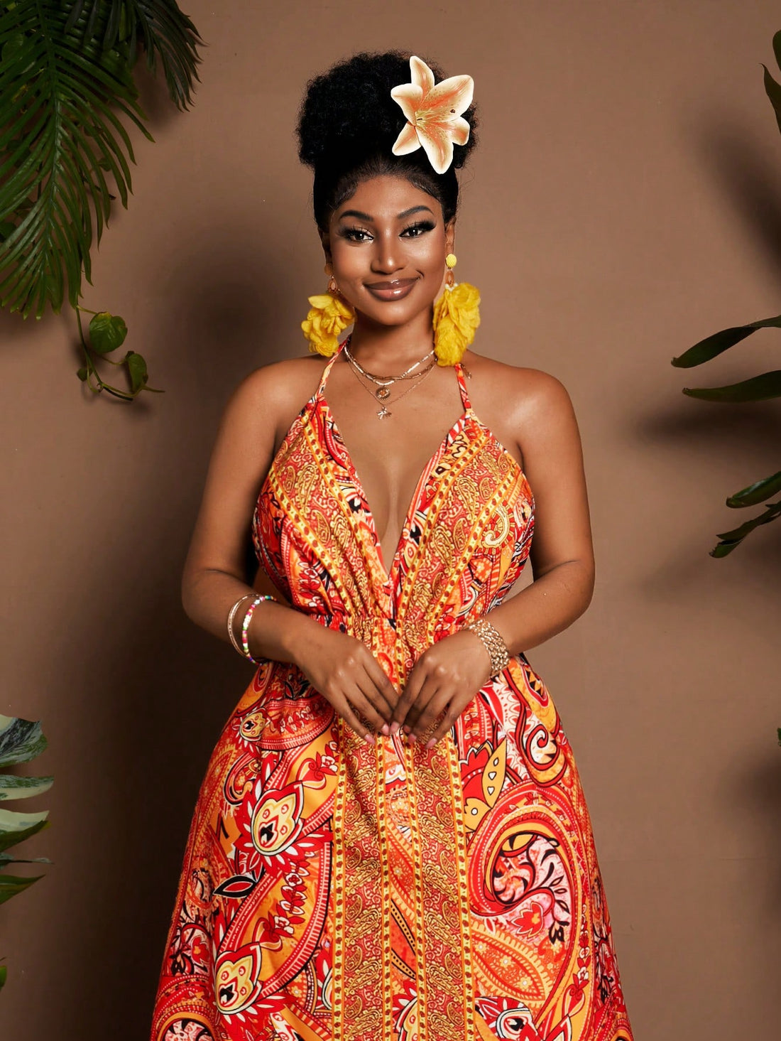 Flaunt your curves with confidence in this head-turning halter dress! The playful tie-up V-neck and flirty backless design will have you vacation-ready in seconds. Perfect for beach strolls, sunset dinners, or dancing the night away, this plus-size stunner combines comfort with show-stopping style. Pack this versatile piece and prepare for compliments wherever your getaway takes you!