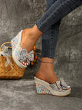 Women wearing colorful woven bow wedge sandals with high platform sole.