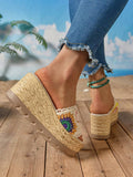 Rear side view of multicolor crochet platform slides showing the lugged outsole