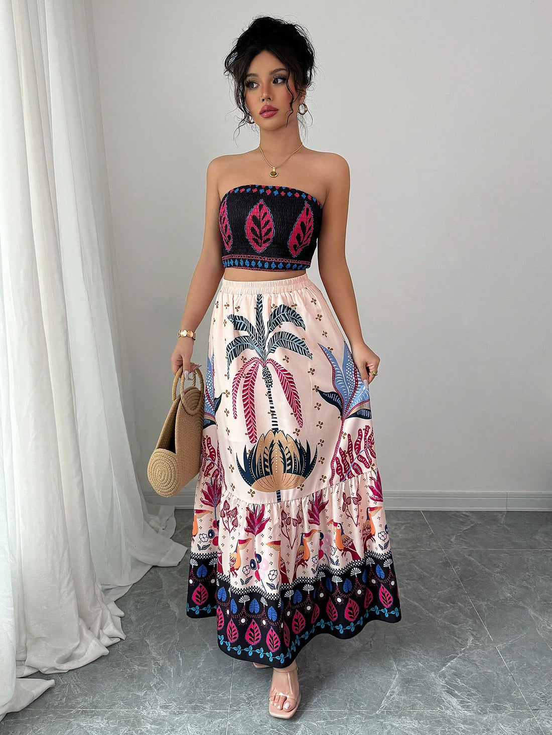 Escape to paradise with this vibrant two-piece vacation set! The halter top features a flattering neckline perfect for showing off your summer glow, while the coordinating mini skirt brings that lush botanical energy. Covered in eye-catching plant prints, this set screams tropical getaway whether you're lounging poolside or exploring island markets. Mix, match, or wear together—either way, you're ready for adventure. Pack light, travel far, and let your style do the talking!