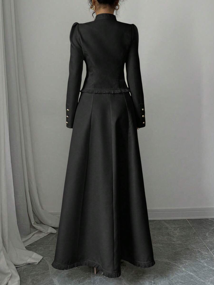 Elevate your fall wardrobe with this stunning 2-piece set that's equal parts chic and fun! The patchwork coat features eye-catching tassel details that add movement and personality, while the coordinating dress underneath offers a polished foundation. Perfect for layering through the season, this dynamic duo transitions seamlessly from casual outings to special occasions. Mix, match, or wear together—either way, you'll turn heads with this fashion-forward ensemble that celebrates bold style and creative fla