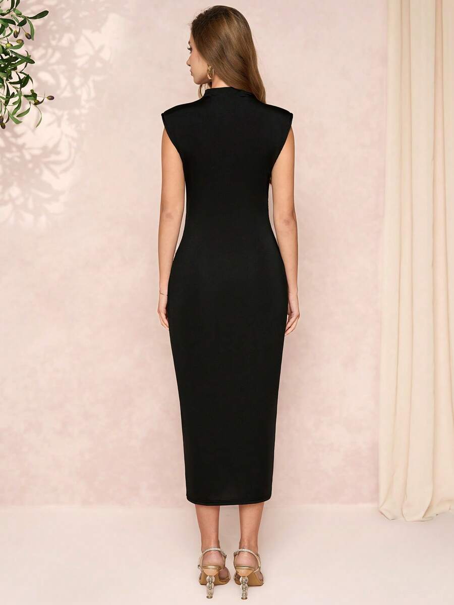 Turn heads effortlessly with this Chic Women's Padded Shoulder High Collar Wrap Dress. Featuring structured padded shoulders and a high collar, it adds a bold, fashionable edge while the wrap design flatters your silhouette. The subtle metal decor brings just the right touch of sparkle to elevate your look. Perfect for making a statement day or night!