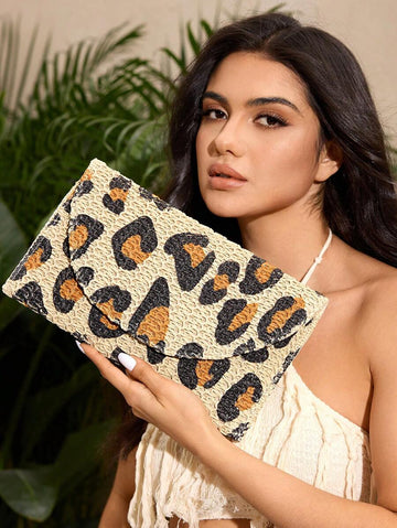 Leopard print clutch bag for beach and summer vacations front view