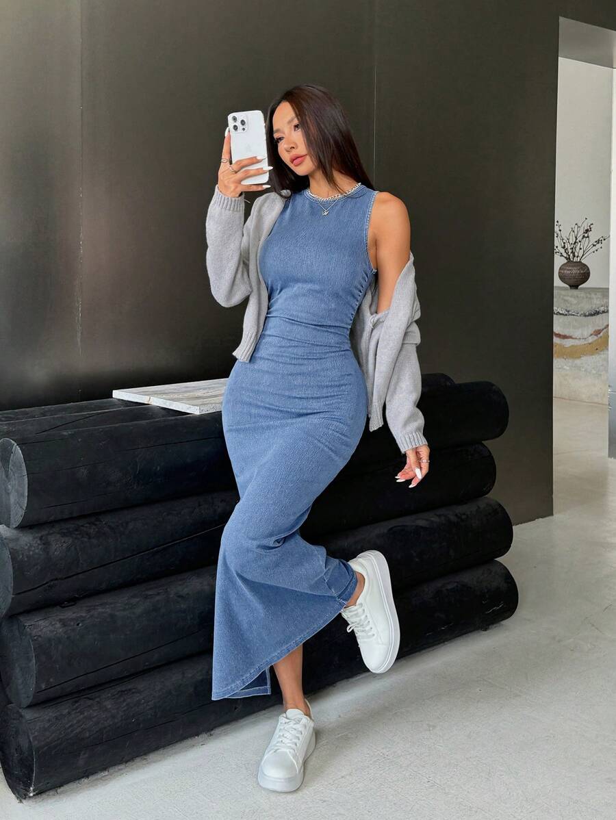 denim look round neck sleeveless bodycon maxi dress product image 1