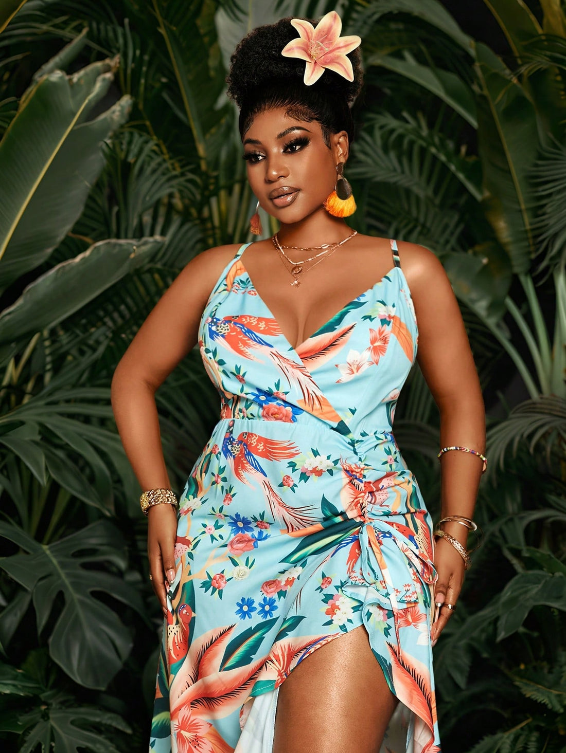 Embrace vacation vibes in this playful plus size cami dress! The eye-catching plant print adds tropical flair while the flirty side slit lets you show just the right amount of leg. Perfect for beach days, dinner dates, or simply lounging in style - this effortless piece is your ticket to looking fabulous without trying too hard!
