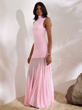 Baby pink high neck ruched mesh mermaid maxi dress front view