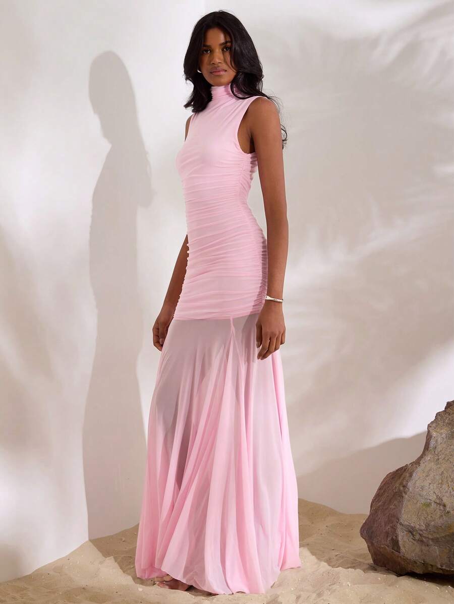 Baby pink high neck ruched mesh mermaid maxi dress front view
