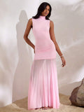 Pink sheer flared mermaid dress back view