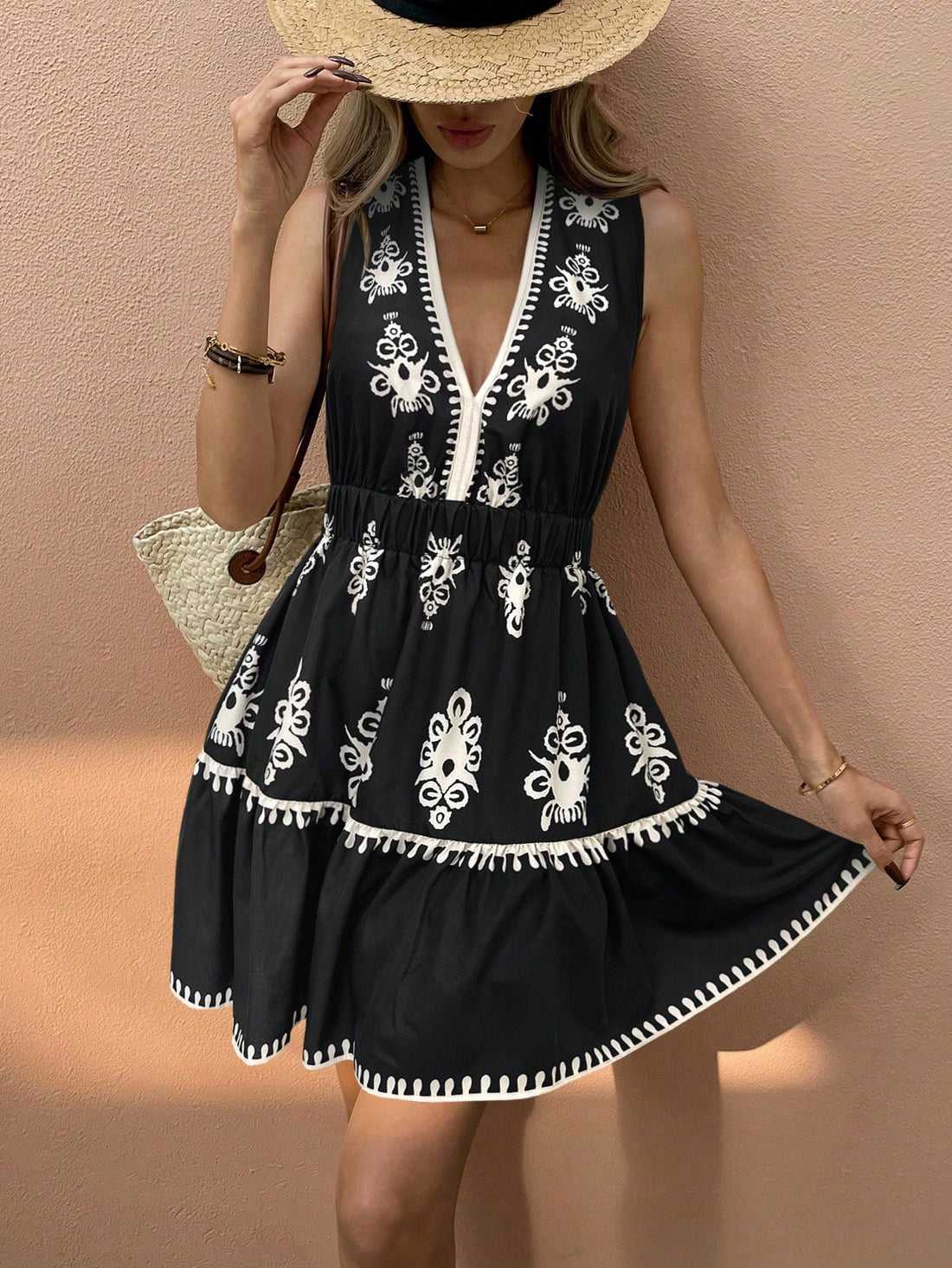 Flaunt your summer vibes in this flirty floral mini dress! Perfect for vacation adventures or sunny day outings, the deep V-neck adds a touch of sass while the sleeveless design keeps you cool when temperatures rise. This chic little number transitions effortlessly from beach strolls to evening cocktails – just switch your sandals for heels and you're ready to dance the night away!