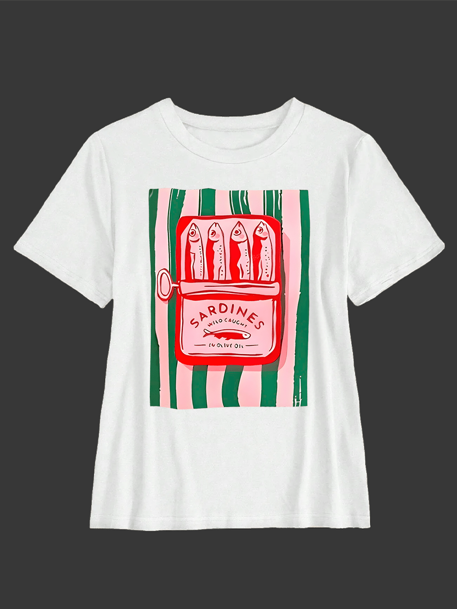 Dive into summer style with this quirky women's round neck tee featuring a playful canned sardines print. Perfect for those who love witty, unexpected designs, this lightweight tee brings humor and personality to your warm-weather wardrobe. The classic round neckline and comfortable fit make it ideal for casual outings, beach days, or whenever you want to spark a smile. Whether you're a seafood lover or just appreciate bold, conversation-starting graphics, this tee delivers fun with every wear.