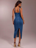 Medium blue denim bodycon midi dress back zipper and rear slit view