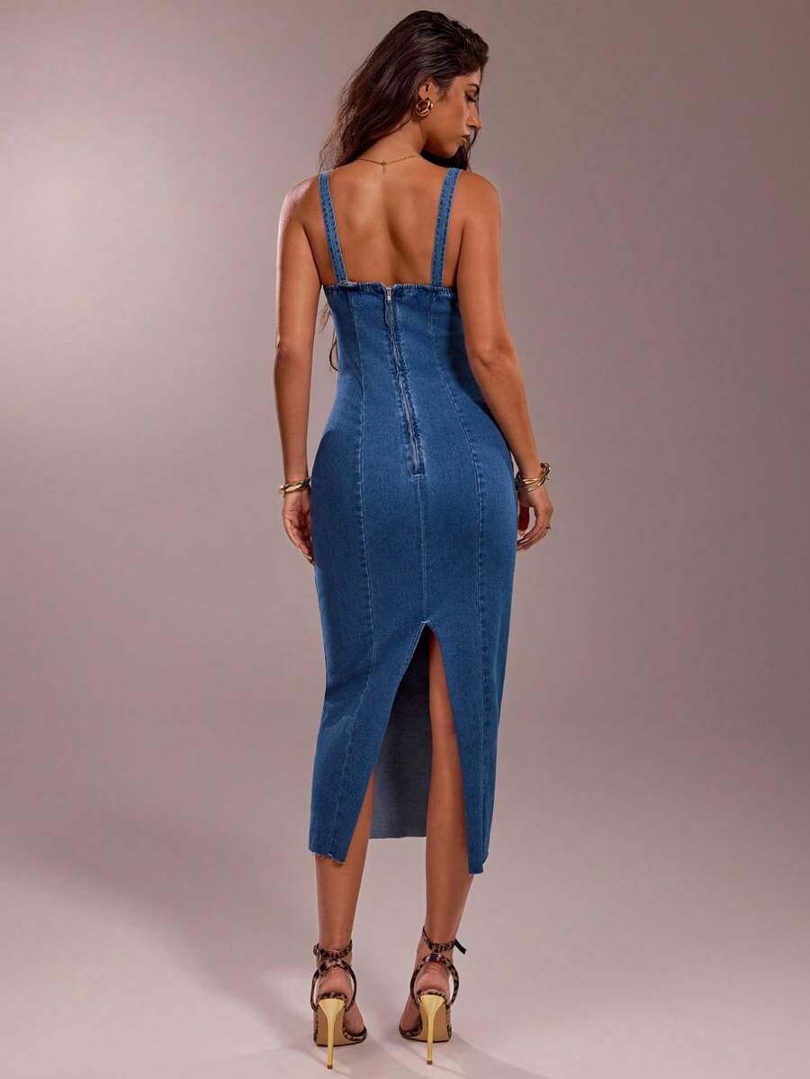 Medium blue denim bodycon midi dress back zipper and rear slit view