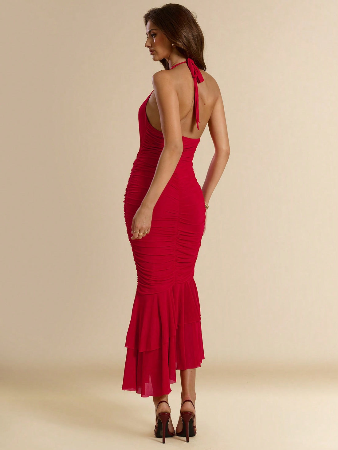 Add some elegance to your summer wardrobe with our Chic Women's Deep V-Neck Ruched Fishtail Mesh Maxi Dress. The stunning deep V-neck and ruched design flatters your figure, while the mesh fabric adds a touch of sophistication. Perfect for those hot summer nights!