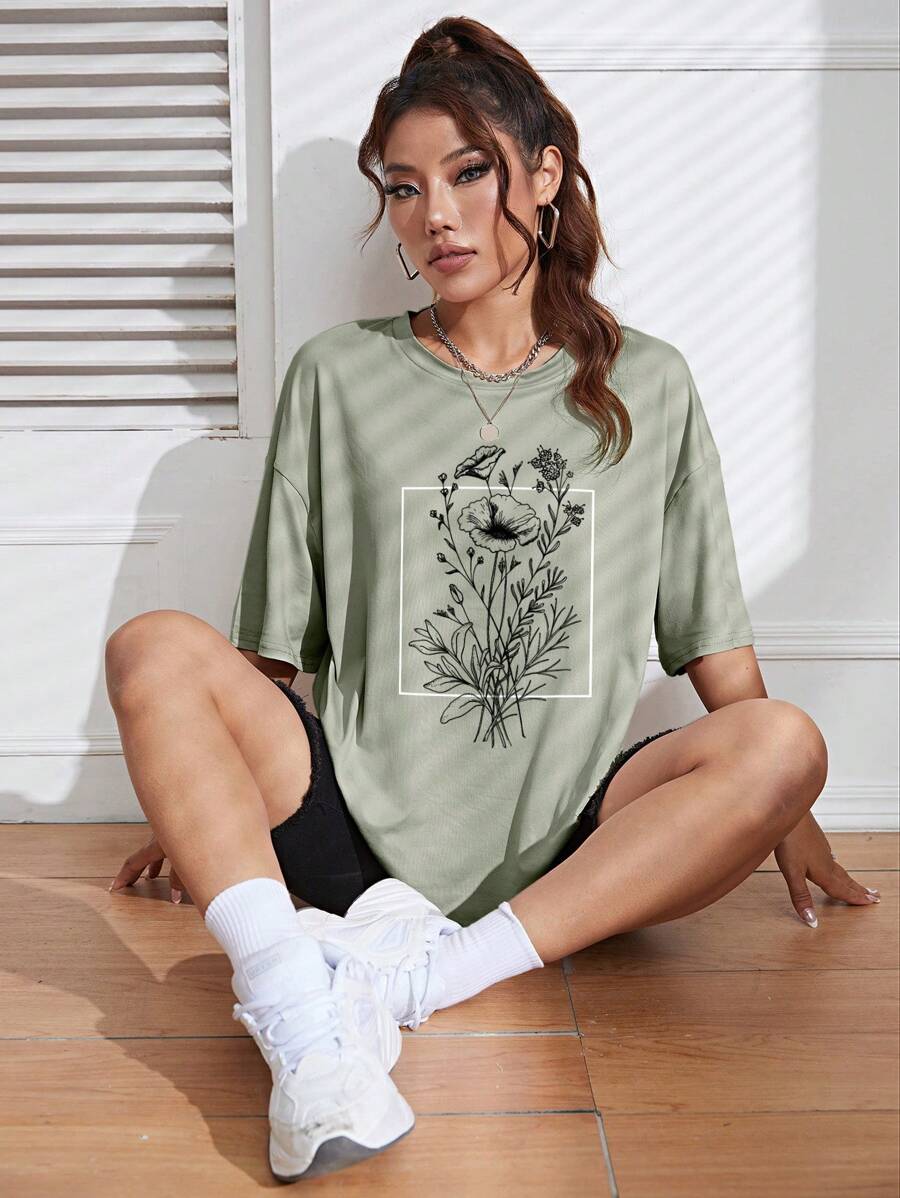Image 12 - product view of Summer Floral Print Drop Shoulder T-Shirt for Women - Casual Round Neck Style