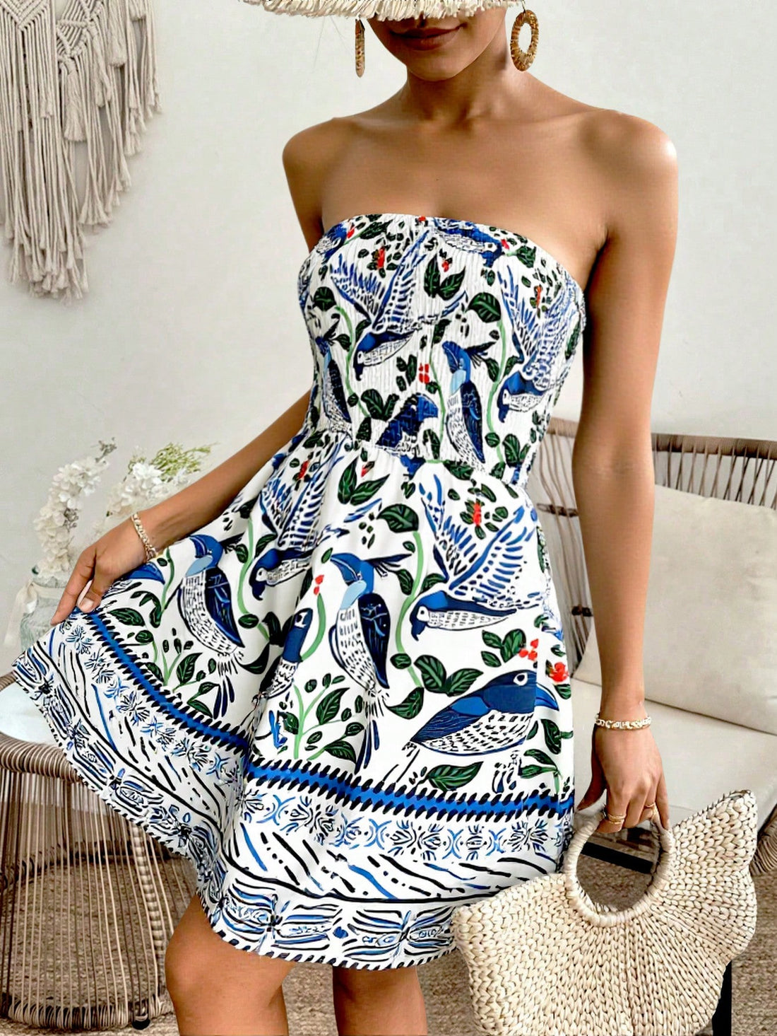 Stay stylish this season with our blue printed open shoulder mini dress! Perfect for both spring/summer vacations and daily wear, this dress is designed to keep you looking and feeling cool. The ruffle detailing adds a fun touch, making it a must-have for your wardrobe.