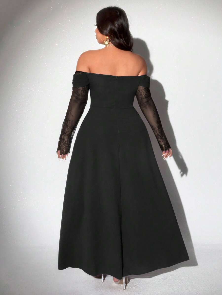 Turn heads with this Elegant Plus Size Off-Shoulder Lace Dress, designed to celebrate your curves with a playful twist. Featuring long sleeves and a charming contrast design, it blends sophistication with a flirty edge. Perfect for any occasion where you want to feel confident and effortlessly stylish.