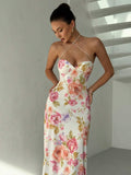 Red rose print halter lace up maxi dress