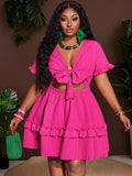 Close-up view of plus size fuchsia ruffle mini dress - casual & romantic two-piece set for vacations with mini dress silhouette, plus size fit for summer casual wear