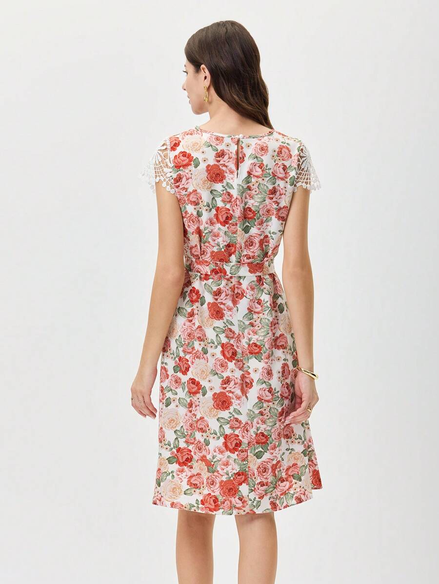 Be the epitome of elegance and fun in our Floral Print Keyhole Neckline Dress! This dress features a delicate keyhole neckline, contrast lace detailing, and a flattering waist belt. Perfect for any occasion, it will keep you stylish and comfortable all day long.