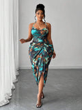 Image 13 - print detail of Plus Size Women’s Tie Dye Pleated Casual Halter Neck Dress for Trendy Party Outings