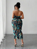 Image 14 - sleeve detail of Plus Size Women’s Tie Dye Pleated Casual Halter Neck Dress for Trendy Party Outings